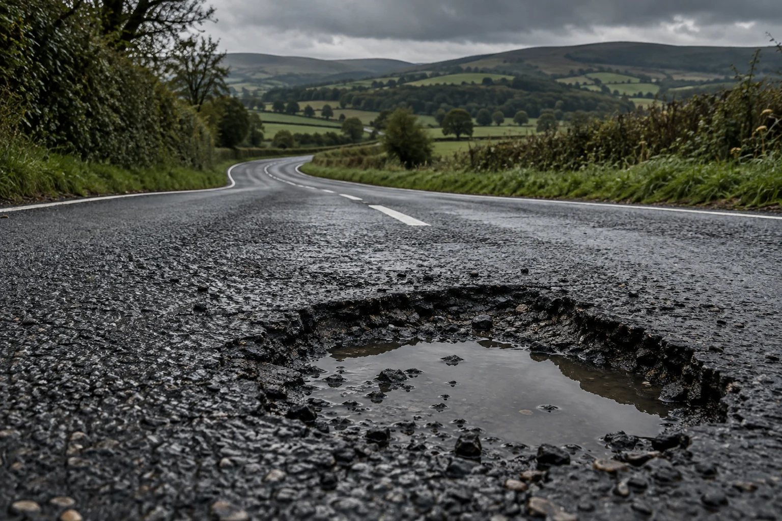 A pothole in the foreground of a winding British country road